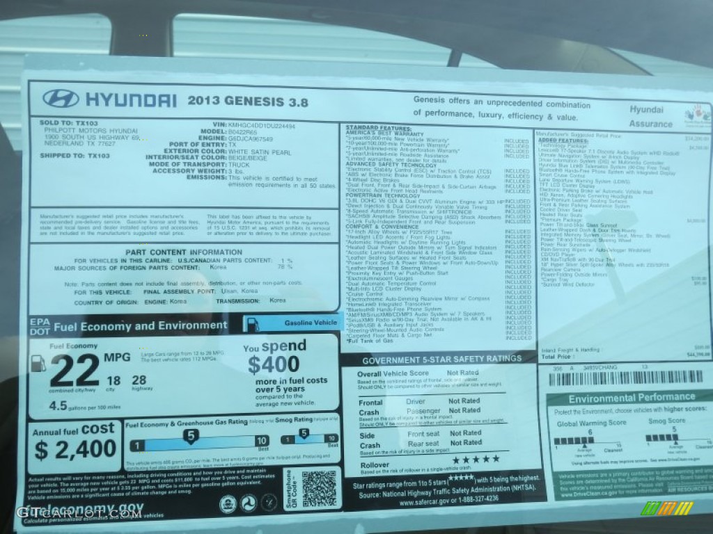 2013 Hyundai Genesis 3.8 Sedan Window Sticker Photo #75779909