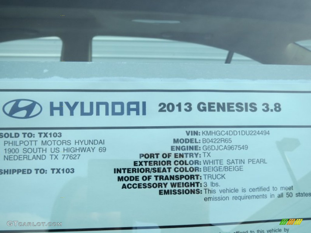 2013 Hyundai Genesis 3.8 Sedan Window Sticker Photo #75779921
