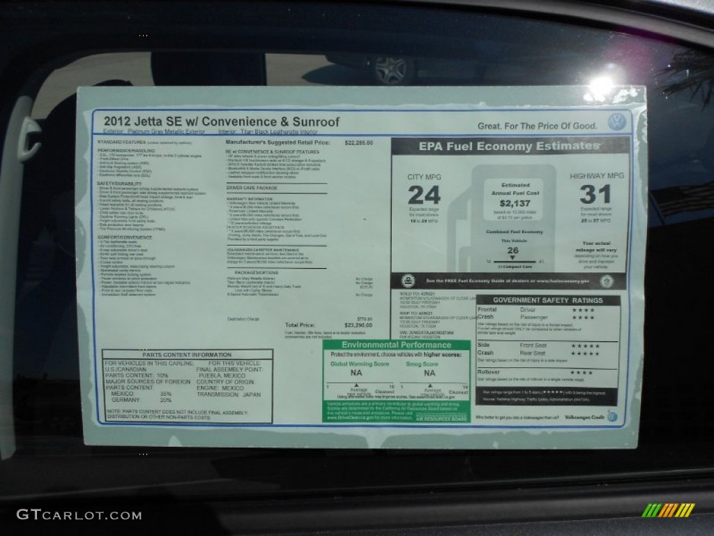 2012 Volkswagen Jetta SE Sedan Window Sticker Photo #75783503