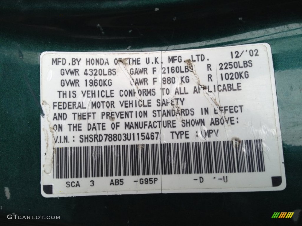 2003 Honda CR-V EX 4WD Color Code Photos