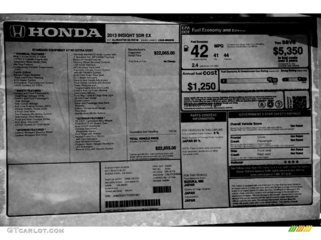 2013 Honda Insight EX Hybrid Window Sticker Photo #75815125