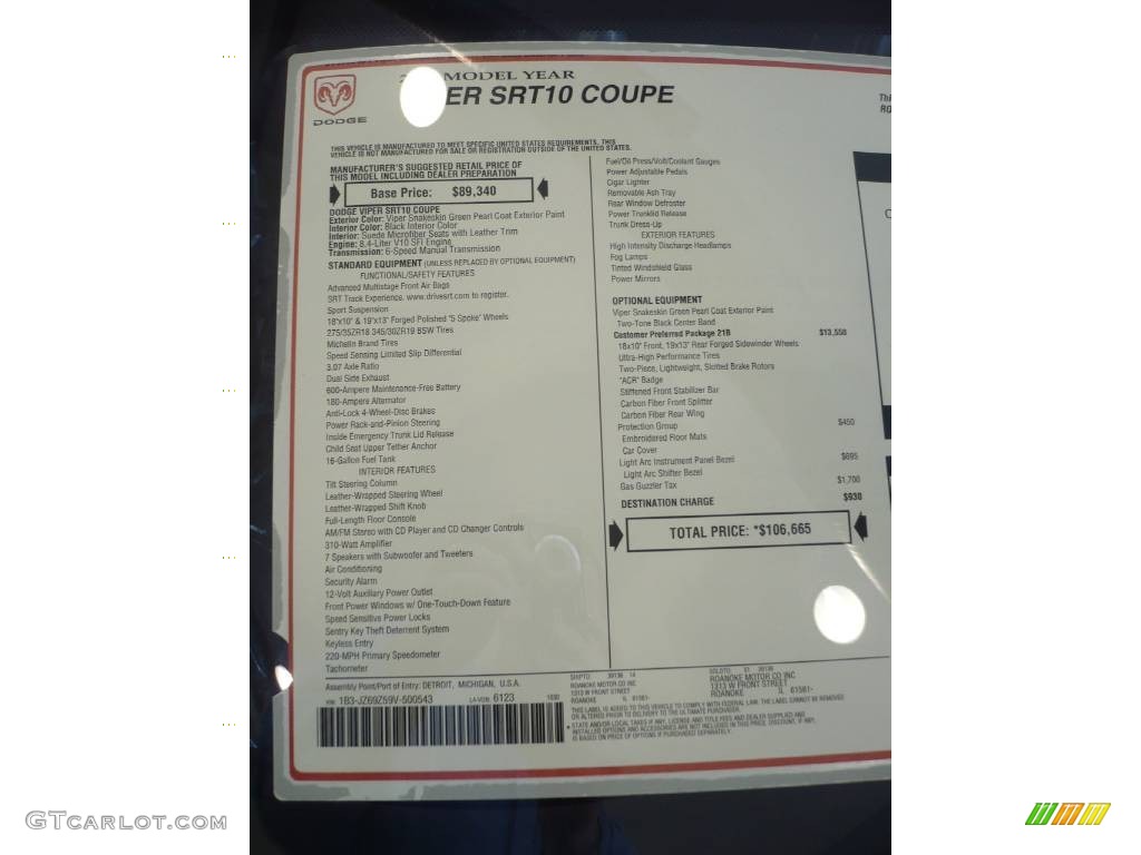 2009 Dodge Viper SRT-10 ACR Coupe Window Sticker Photo #75818485