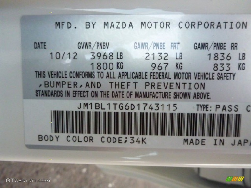 2013 MAZDA3 Color Code 34K for Crystal White Pearl Mica Photo #75819832