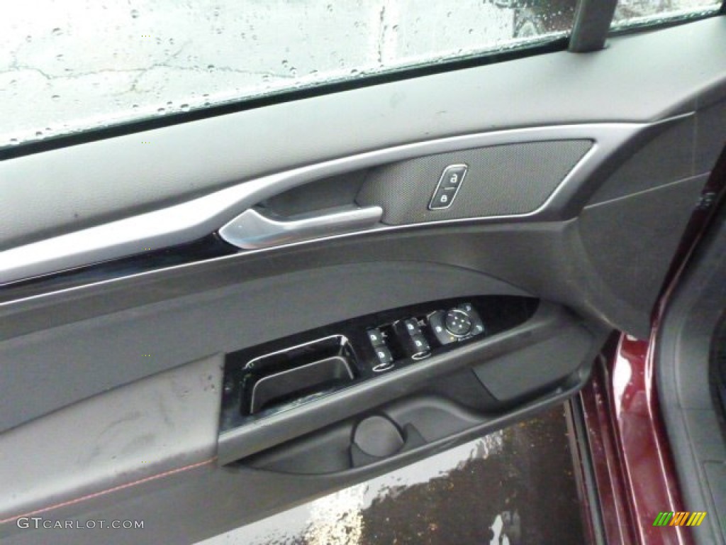 2013 Ford Fusion SE 1.6 EcoBoost SE Appearance Package Charcoal Black/Red Stitching Door Panel Photo #75824647