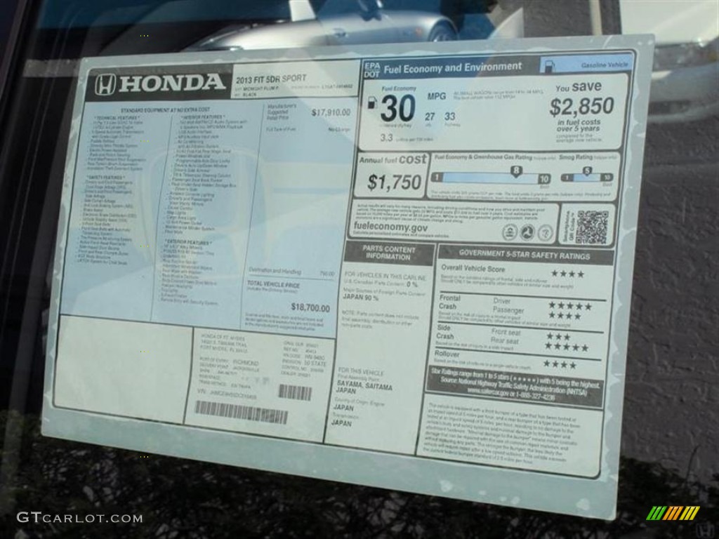 2013 Honda Fit Sport Window Sticker Photo #75826126