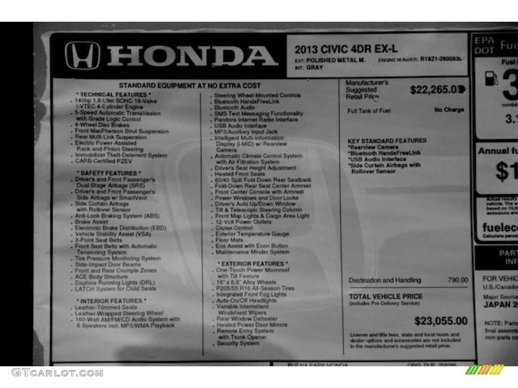 2013 Honda Civic EX-L Sedan Window Sticker Photo #75847054