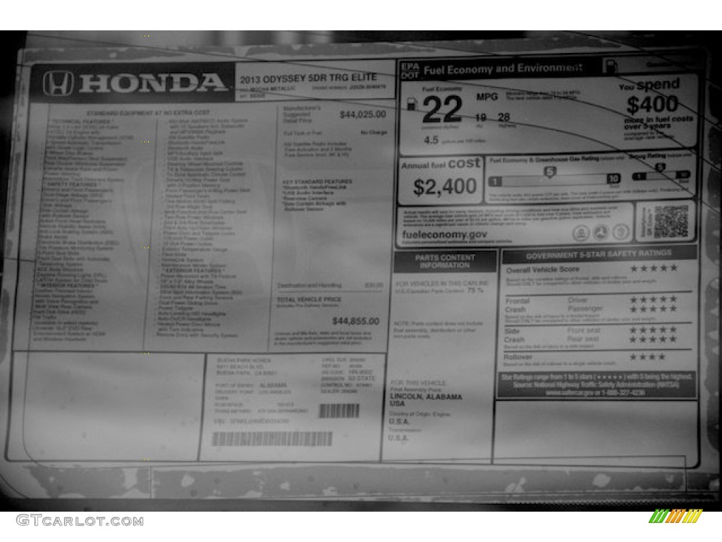 2013 Honda Odyssey Touring Elite Window Sticker Photo #75848284