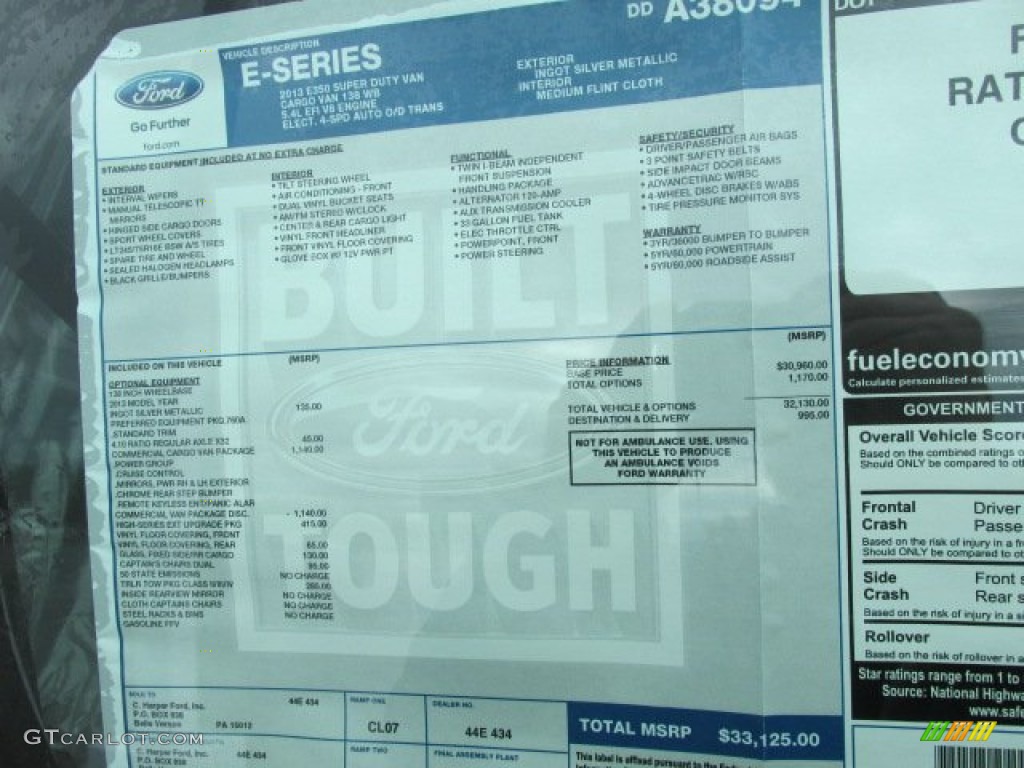 2013 Ford E Series Van E350 Cargo Window Sticker Photos