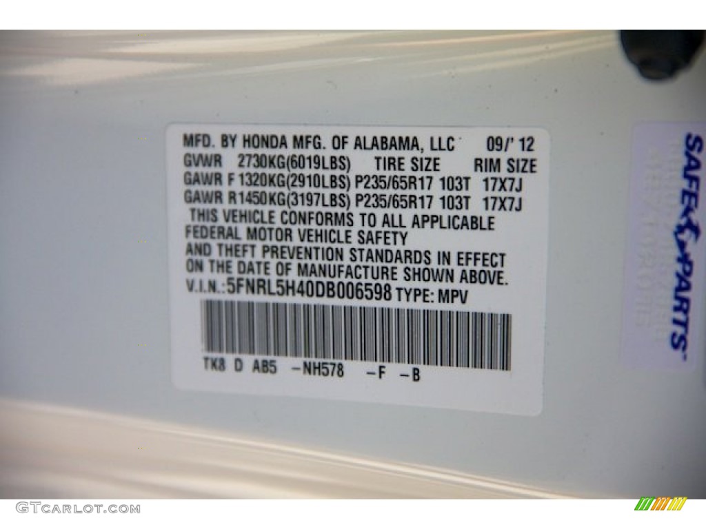 2013 Honda Odyssey EX Color Code Photos