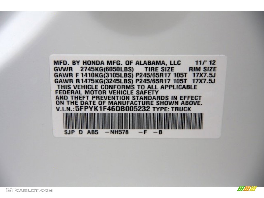 2013 Ridgeline Color Code NH578 for White Photo #75849559