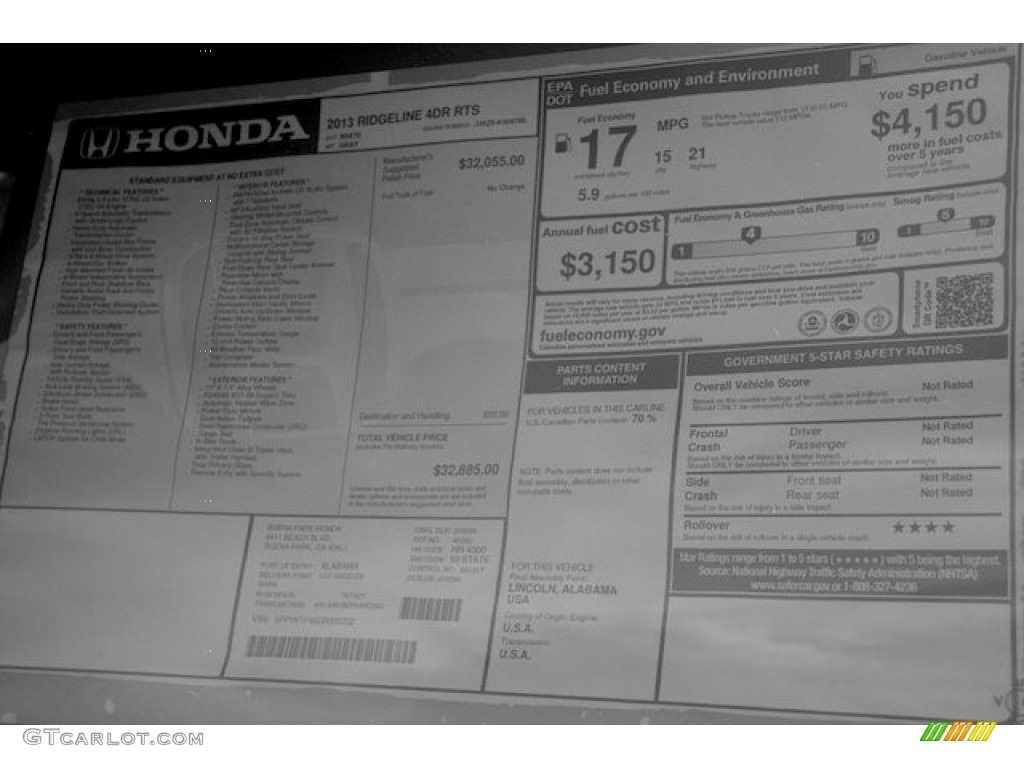 2013 Honda Ridgeline RTS Window Sticker Photo #75849577