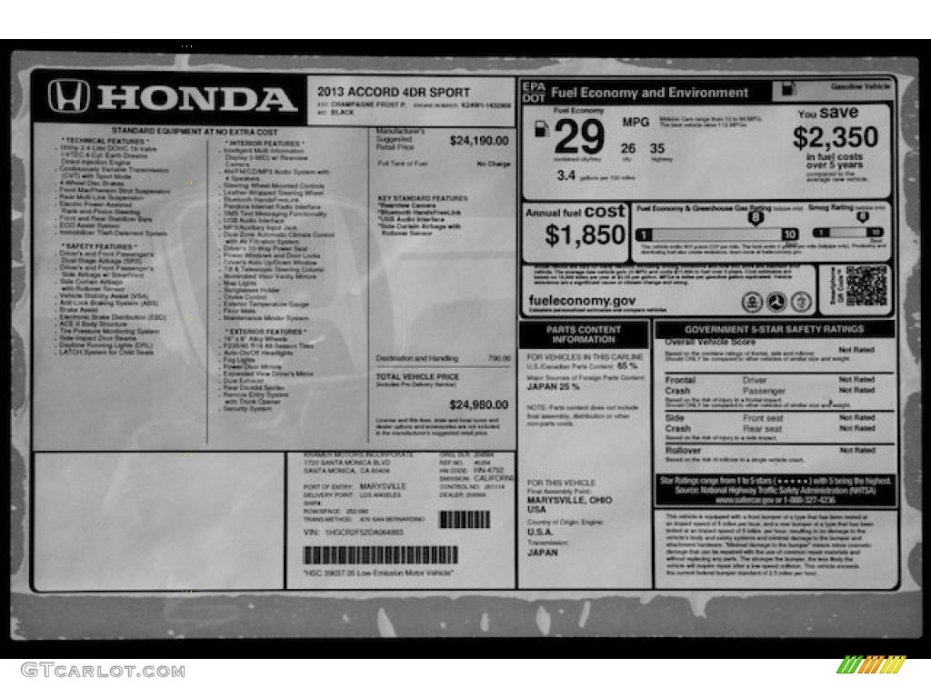2013 Honda Accord Sport Sedan Window Sticker Photo #75850345