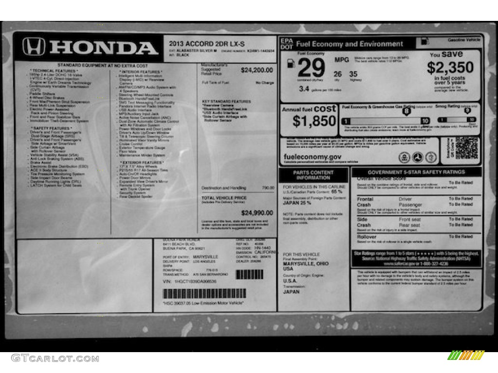 2013 Honda Accord LX-S Coupe Window Sticker Photo #75851056