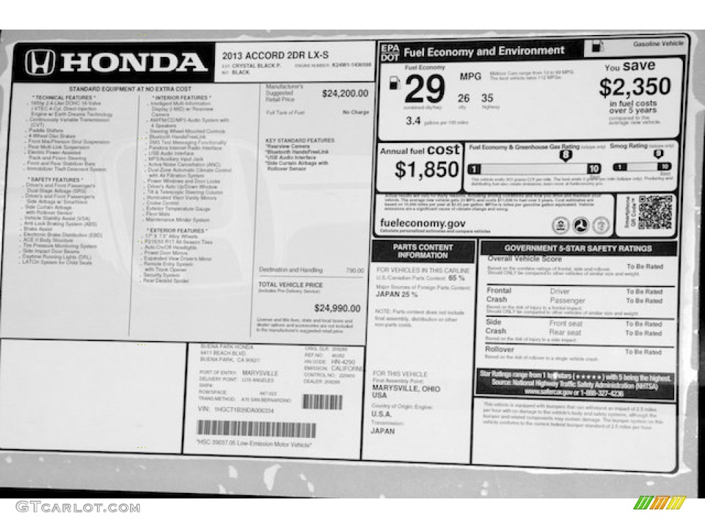 2013 Honda Accord LX-S Coupe Window Sticker Photo #75851717