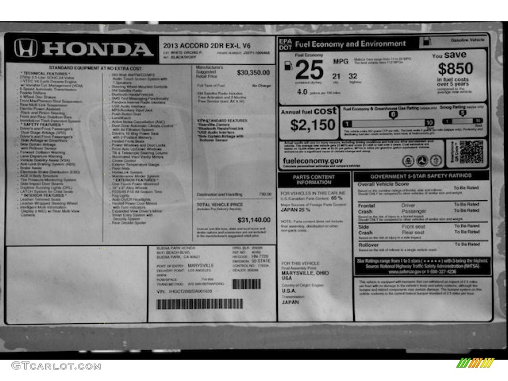 2013 Honda Accord EX-L V6 Coupe Window Sticker Photo #75852058