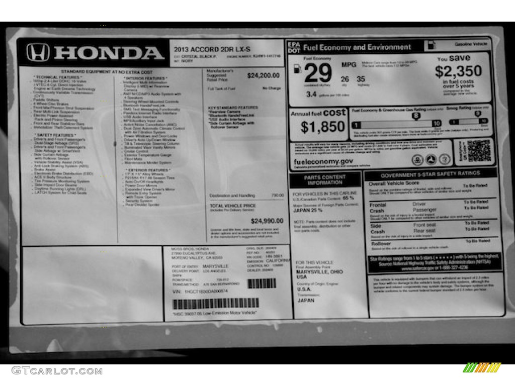 2013 Honda Accord LX-S Coupe Window Sticker Photo #75852412