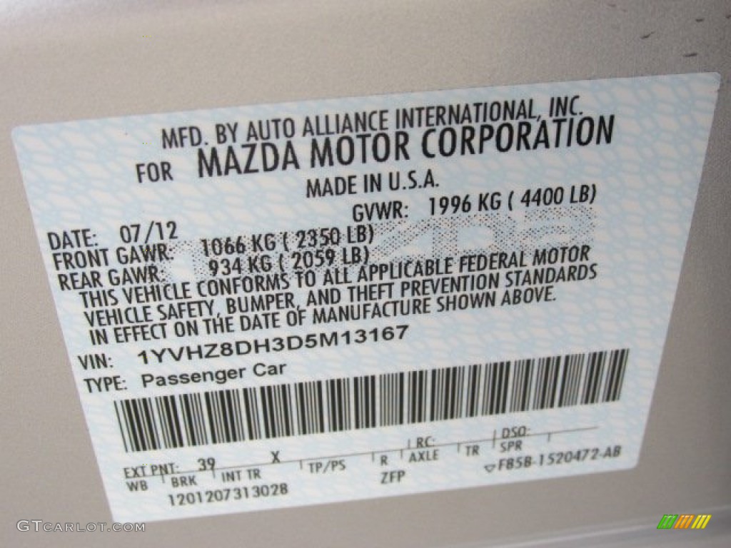 2013 MAZDA6 Color Code 39X for Ingot Silver Photo #75902341