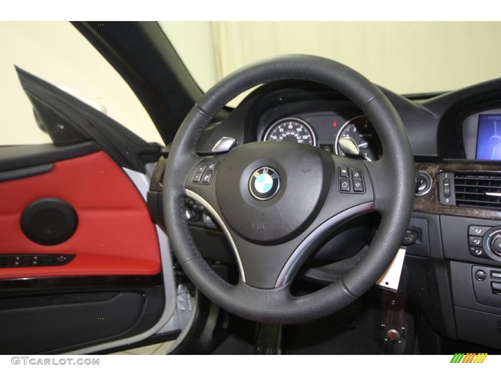 2009 BMW 3 Series 335i Convertible Coral Red/Black Dakota Leather Steering Wheel Photo #75903599