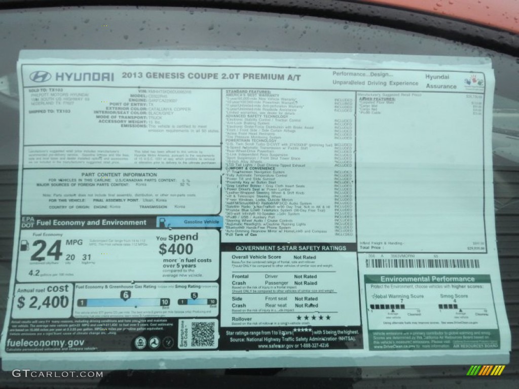 2013 Hyundai Genesis Coupe 2.0T Premium Window Sticker Photo #75903785