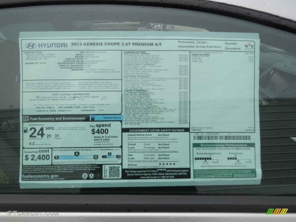 2013 Hyundai Genesis Coupe 2.0T Premium Window Sticker Photo #75904343