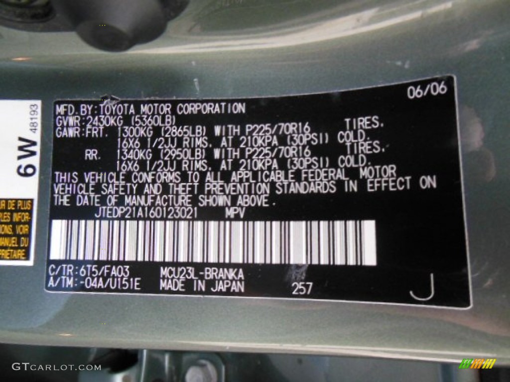 2006 Toyota Highlander V6 Color Code Photos