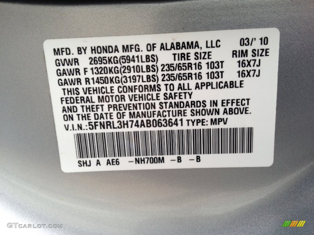 2010 Odyssey Color Code NH700M for Alabaster Silver Metallic Photo #75929615