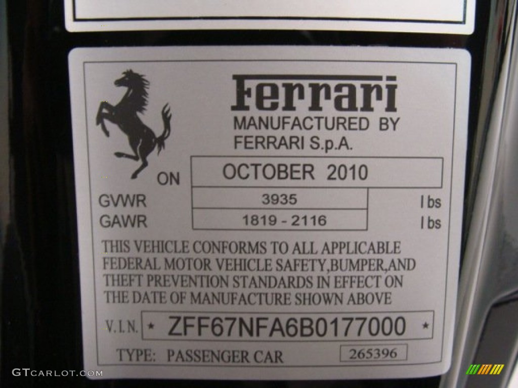 2011 Ferrari 458 Italia Info Tag Photos
