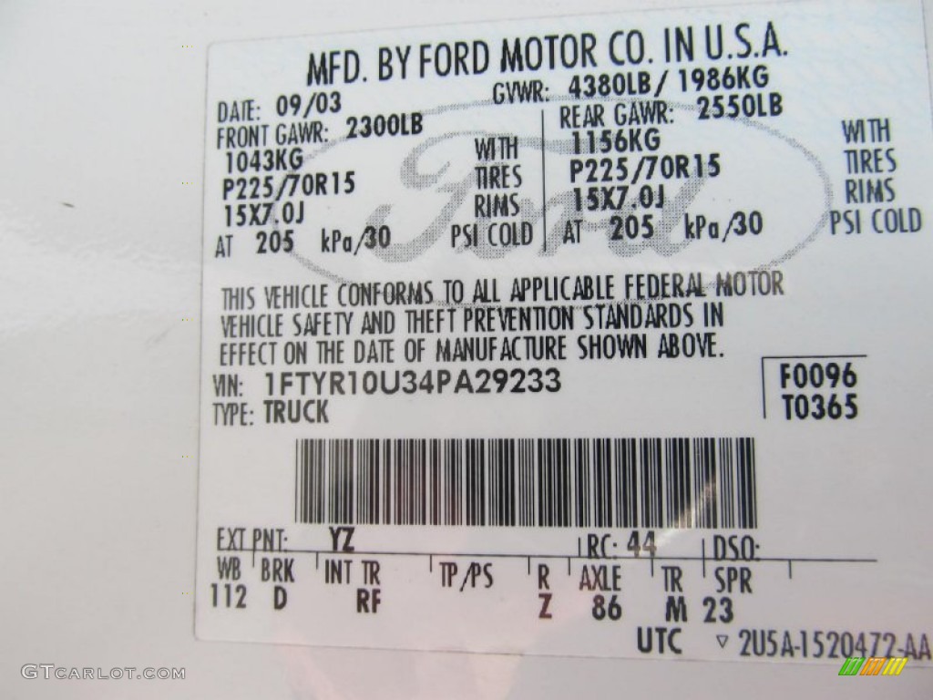 2004 Ford Ranger XLT Regular Cab Color Code Photos