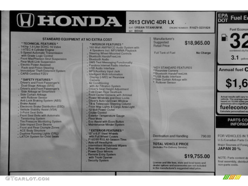 2013 Honda Civic LX Sedan Window Sticker Photo #75947177