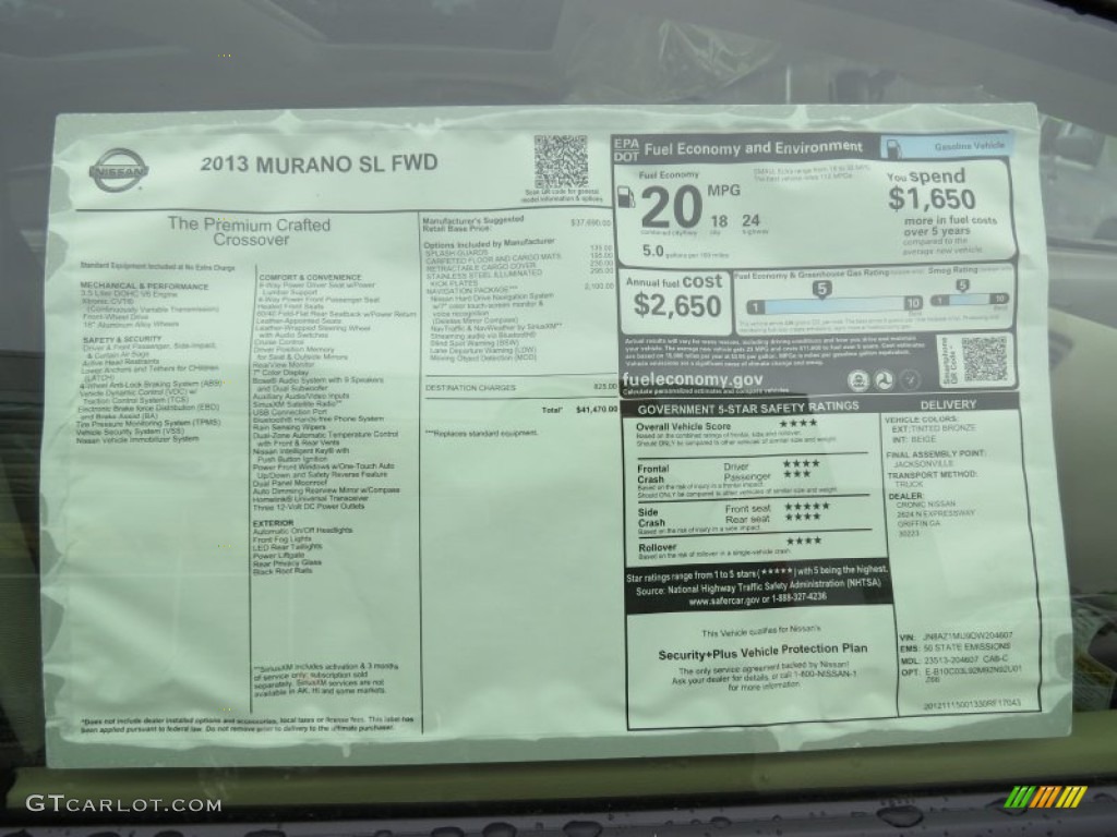 2013 Nissan Murano SL Window Sticker Photo #75947419