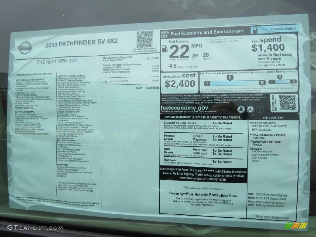 2013 Nissan Pathfinder SV Window Sticker Photo #75947773