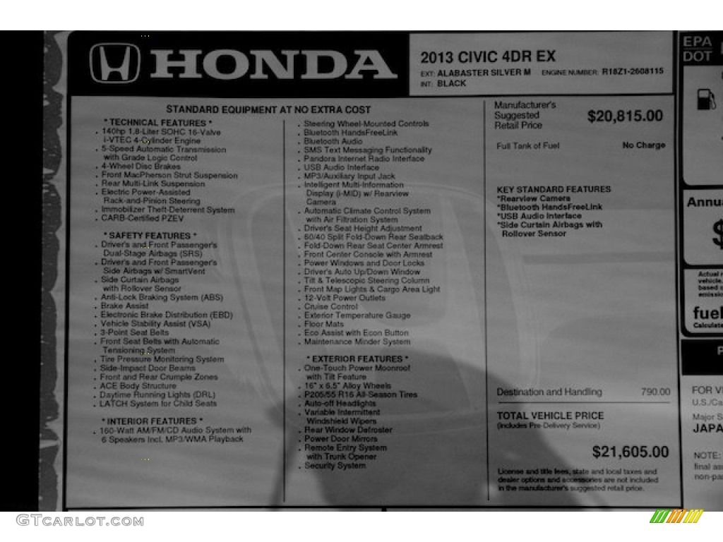 2013 Honda Civic EX Sedan Window Sticker Photo #75948898