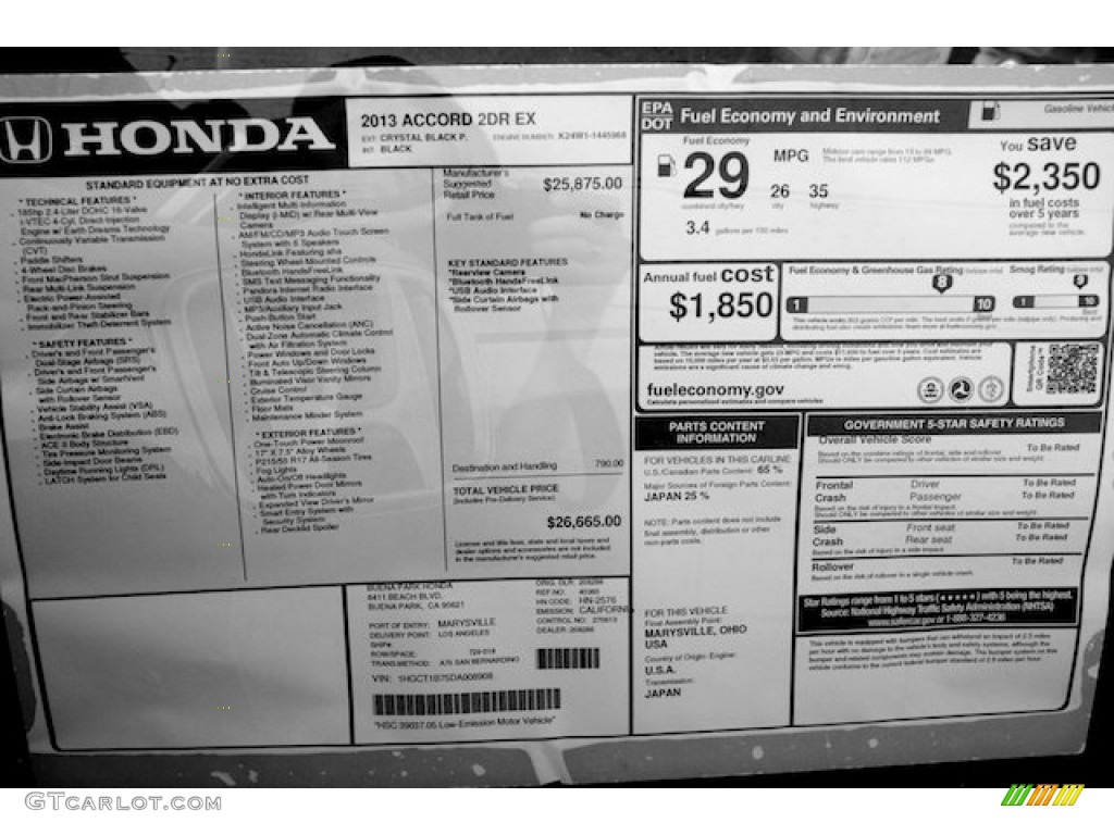 2013 Honda Accord EX Coupe Window Sticker Photo #75952846