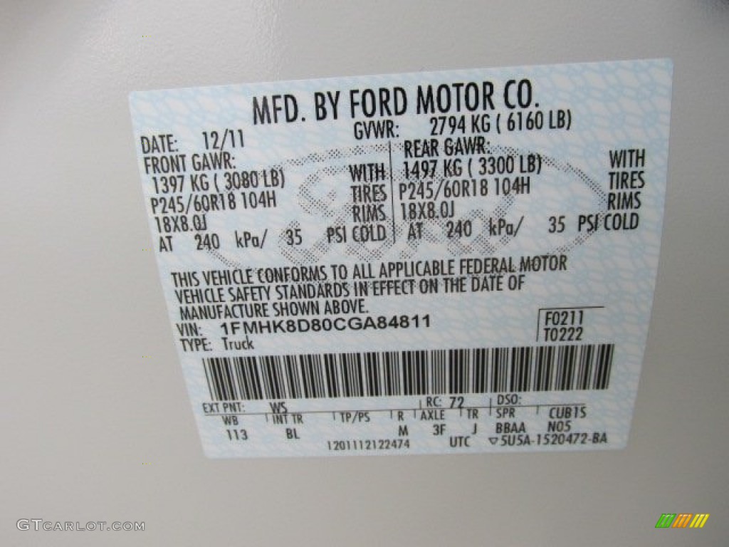 2012 Explorer Color Code WS for White Suede Photo #75968002