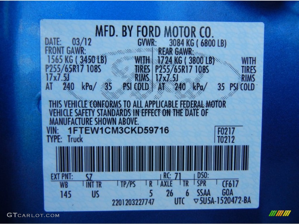 2012 F150 Color Code SZ for Blue Flame Metallic Photo #75980513