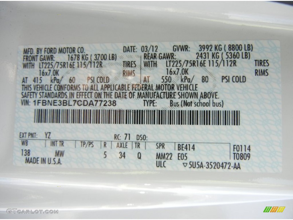 2012 E Series Van Color Code YZ for Oxford White Photo #75981643
