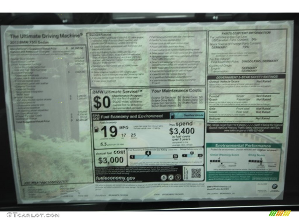 2013 BMW 7 Series 750i Sedan Window Sticker Photo #75982162