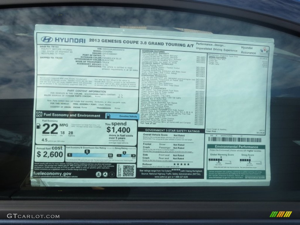 2013 Hyundai Genesis Coupe 3.8 Grand Touring Window Sticker Photo #75986848
