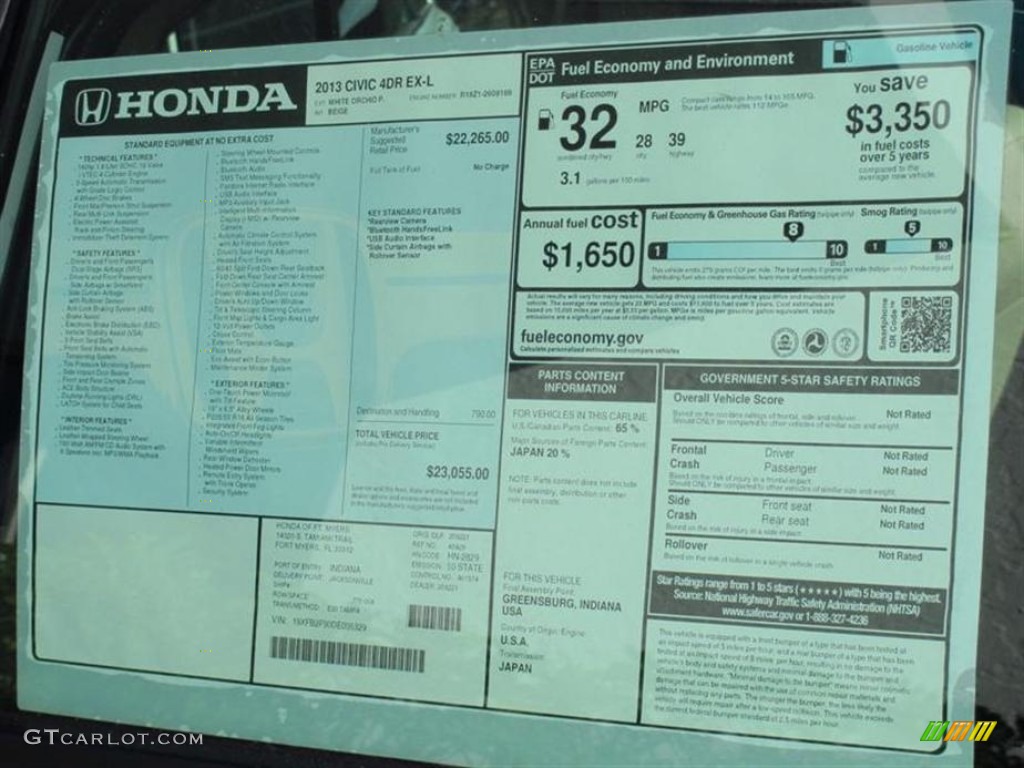 2013 Honda Civic EX-L Sedan Window Sticker Photo #75987643