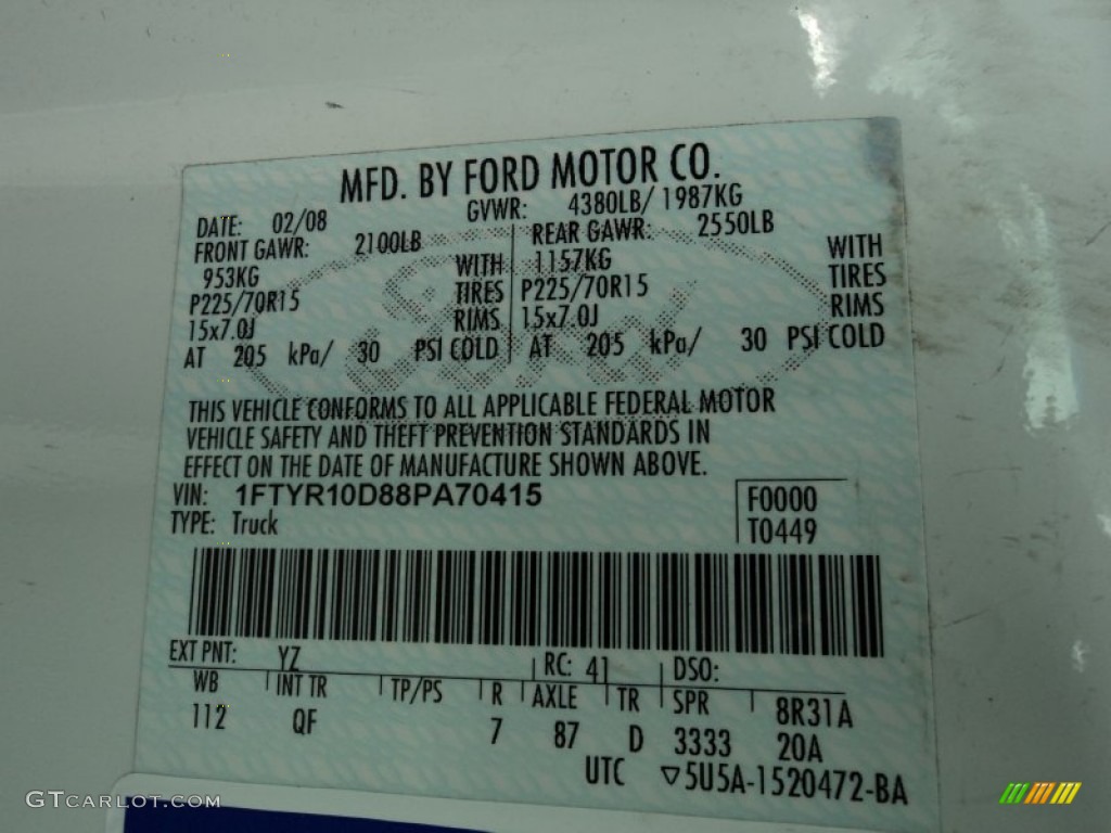 2008 Ranger Color Code YZ for Oxford White Photo #75990754