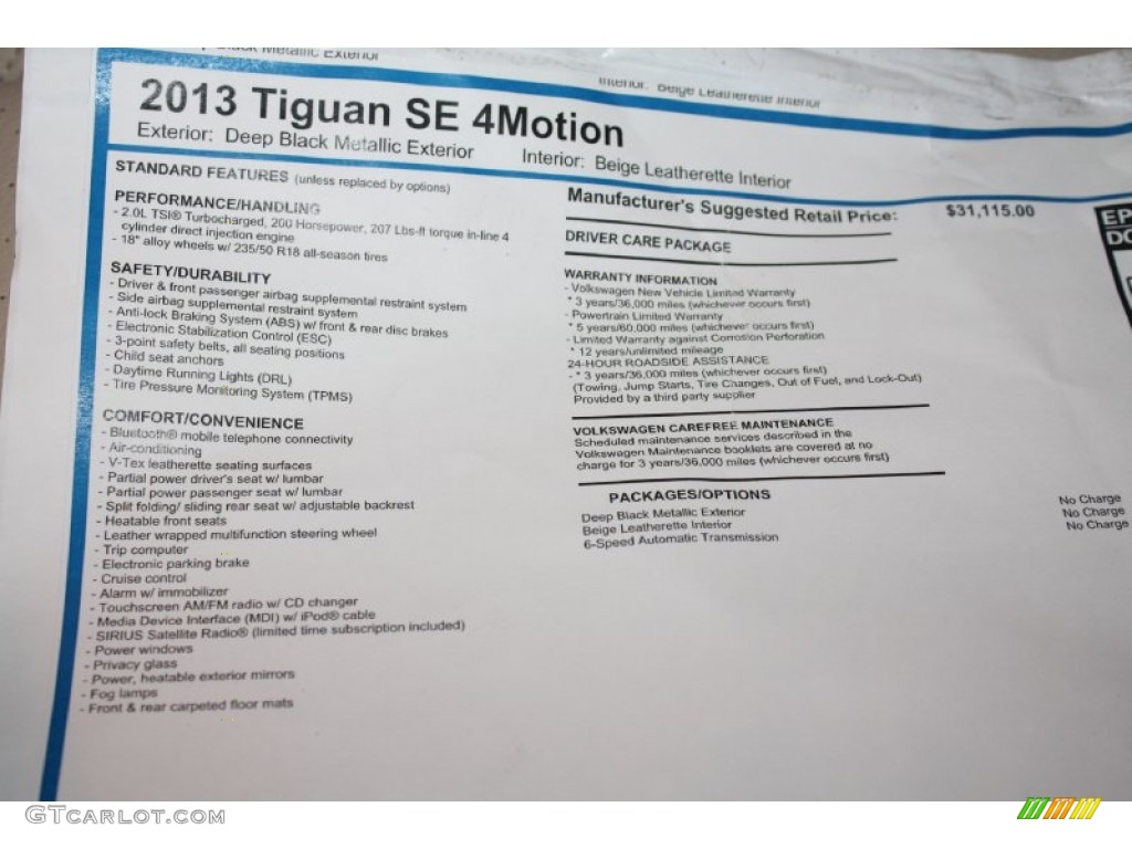 2013 Volkswagen Tiguan SE 4Motion Window Sticker Photo #75991447
