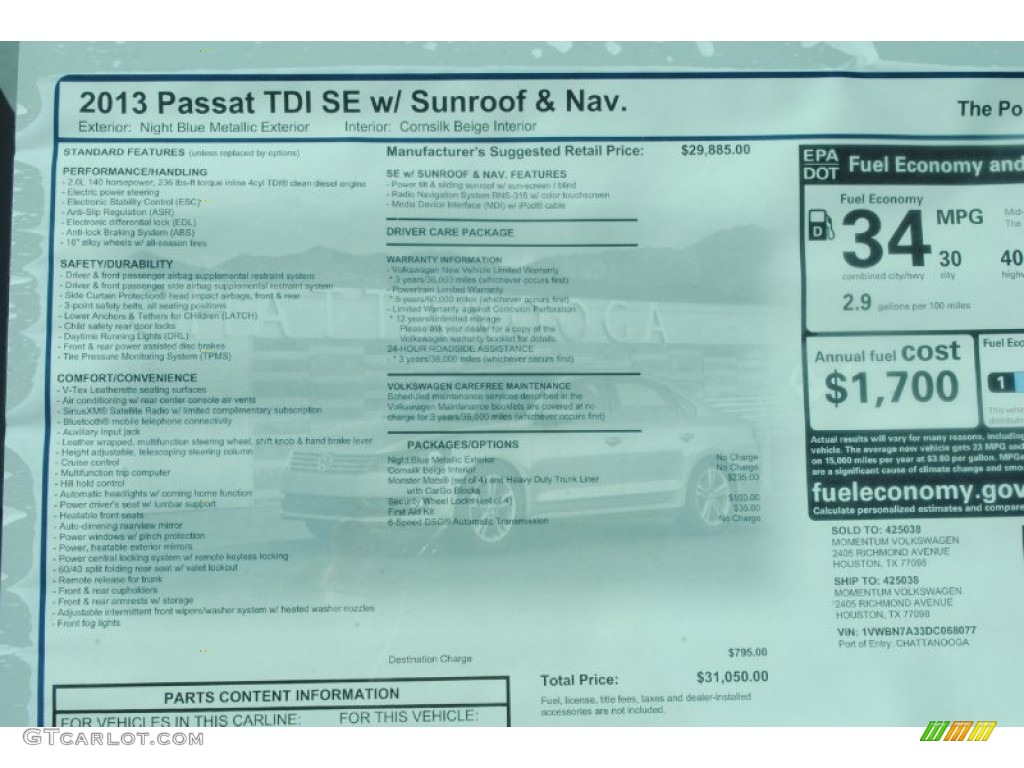 2013 Volkswagen Passat TDI SE Window Sticker Photo #75994142