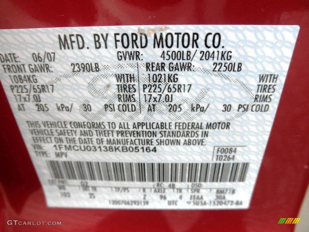 2008 Ford Escape XLT V6 Color Code Photos