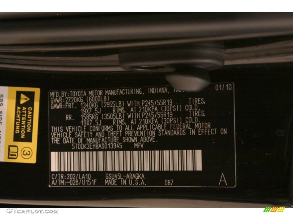 2010 Toyota Highlander Limited 4WD Color Code Photos