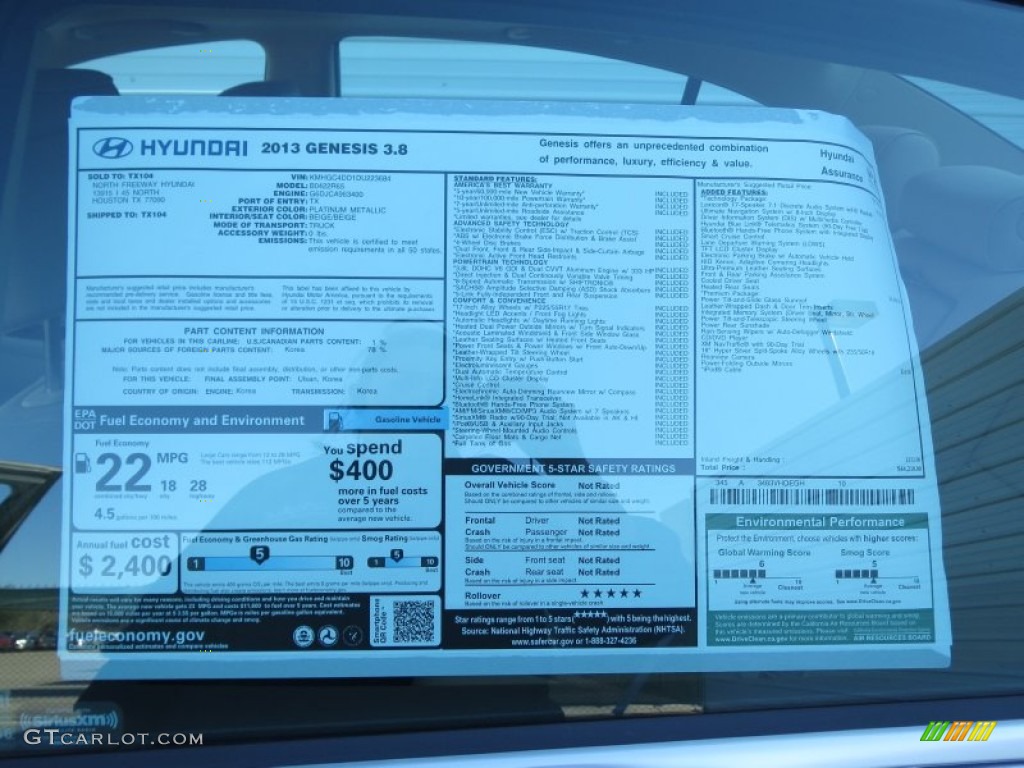 2013 Hyundai Genesis 3.8 Sedan Window Sticker Photo #76046352