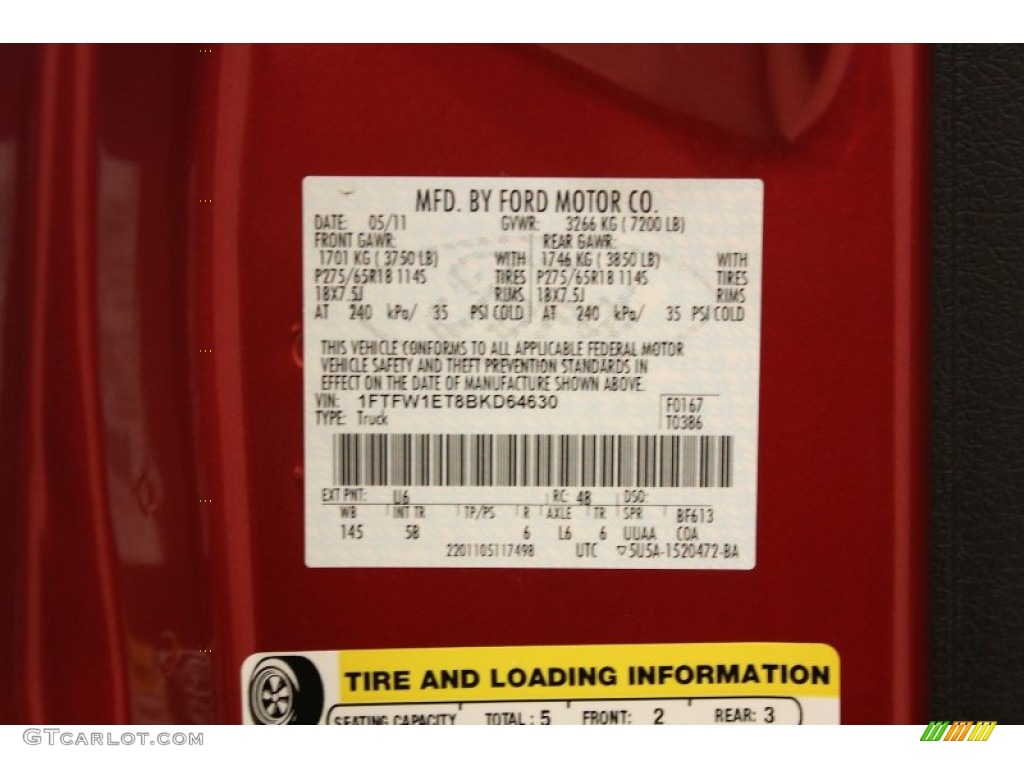 2011 F150 Color Code U6 for Red Candy Metallic Photo #76047001