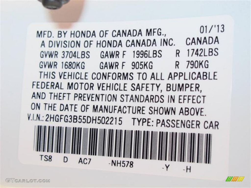 2013 Civic Color Code NH578 for Taffeta White Photo #76055755