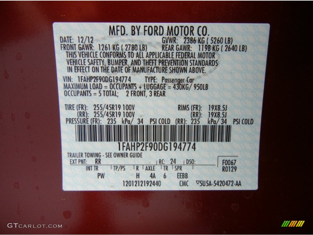 2013 Taurus Color Code RR for Ruby Red Metallic Photo #76064610