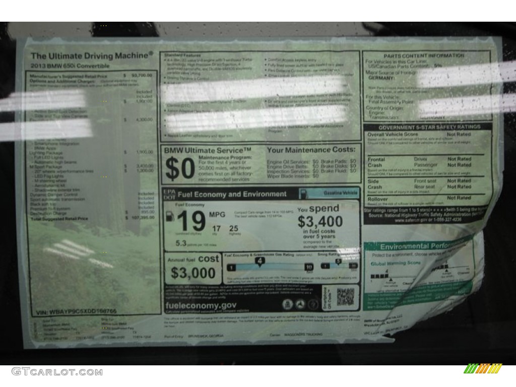 2013 BMW 6 Series 650i Convertible Window Sticker Photo #76066641