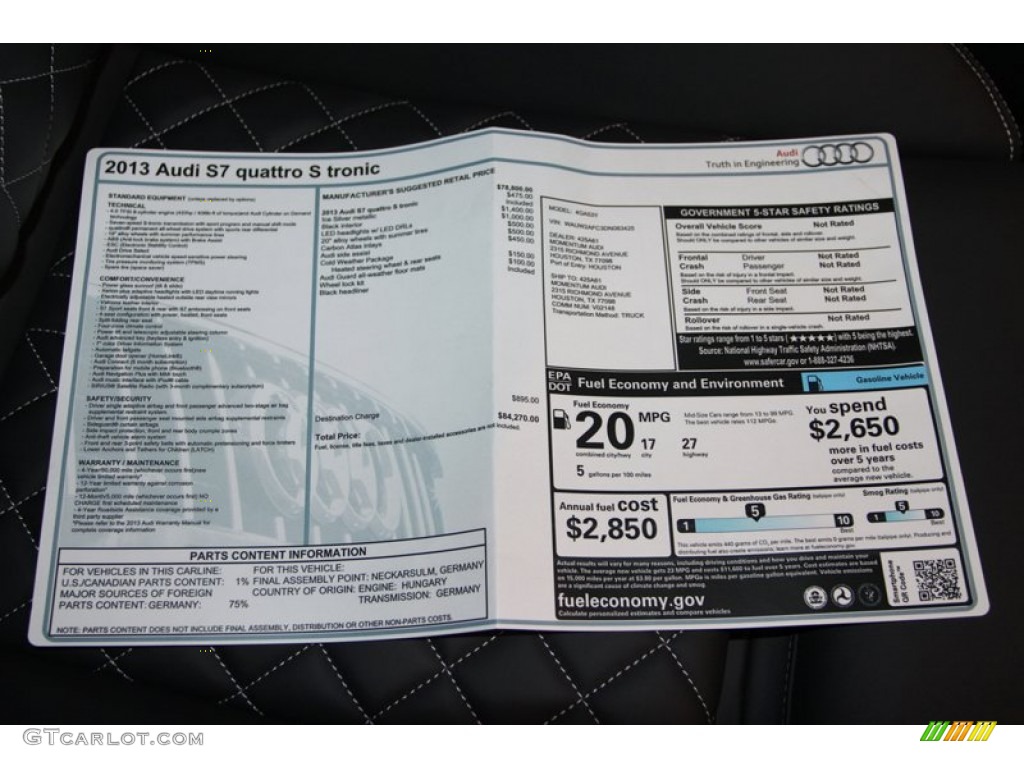 2013 Audi S7 4.0 TFSI quattro Window Sticker Photo #76098161